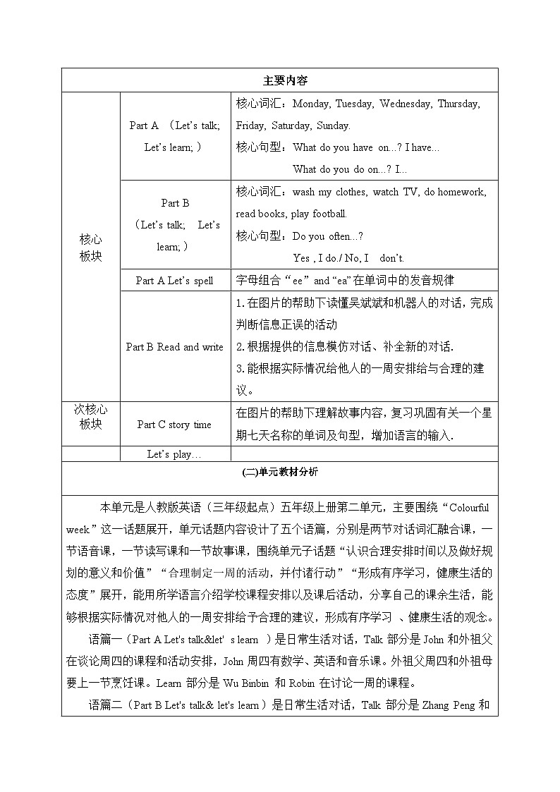 人教PEP版五年级上册英语Unit 2 My week大单元整体教学设计第2页