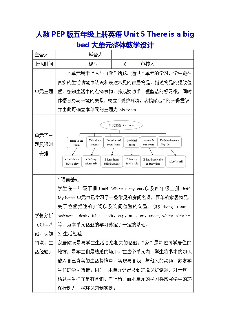人教PEP版五年级上册英语Unit 5 There is a big bed大单元整体教学设计01