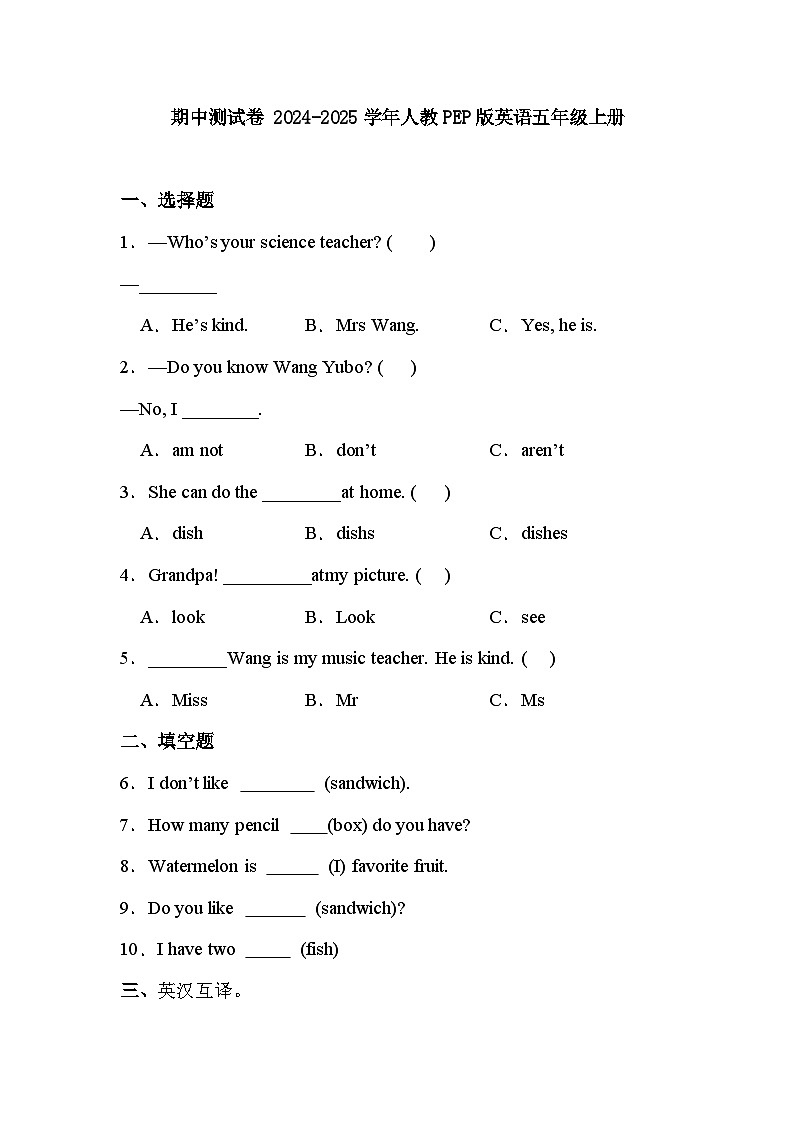 期中测试卷（试题）-2024-2025学年人教PEP版英语五年级上册第1页