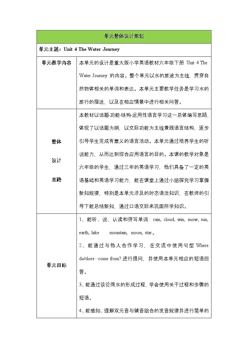 第四单元《 Unit 4 The Water Journey 》 Lesson 1大单元教案-2022-2023学年六年级英语下册（重大版）第1页