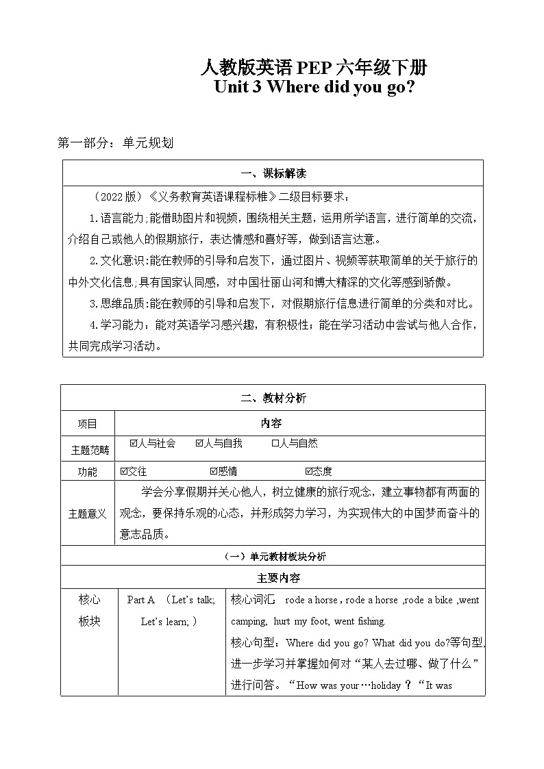 Unit 3 大单元整体教学设计-2023-2024学年小学英语六年级下册（人教PEP版）第1页