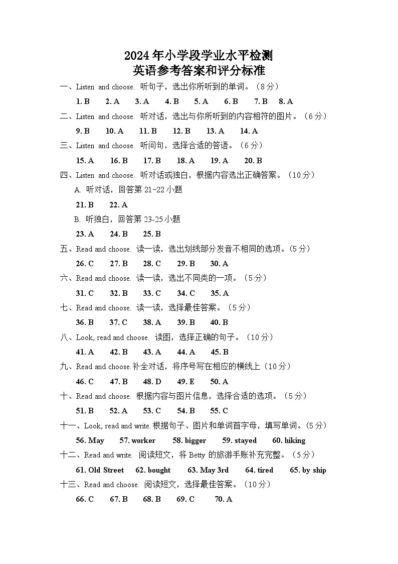 六年级英语 参考答案第1页