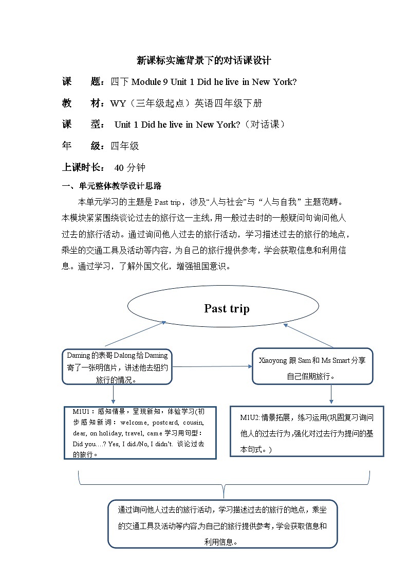 外研版（三起）英语四下 Module 9 Unit 1《Did he live in New York？》单元教案第1页