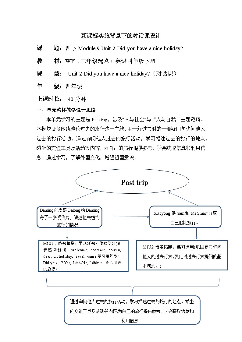外研版（三起）英语四下 Module 9 Unit 2《Did you have a nice holiday？》单元教案第1页