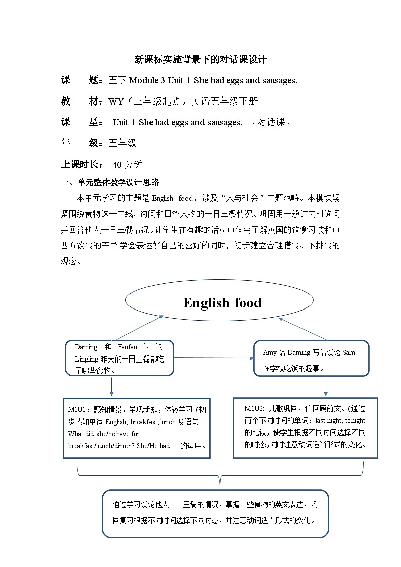 外研版（三起）英语五下 Module 3 Unit 1《She had eggs and sausages》单元教案第1页