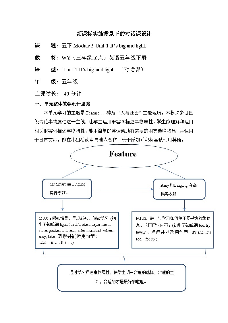 外研版（三起）英语五下 Module 5 Unit 1《It's big and light 》单元教案第1页