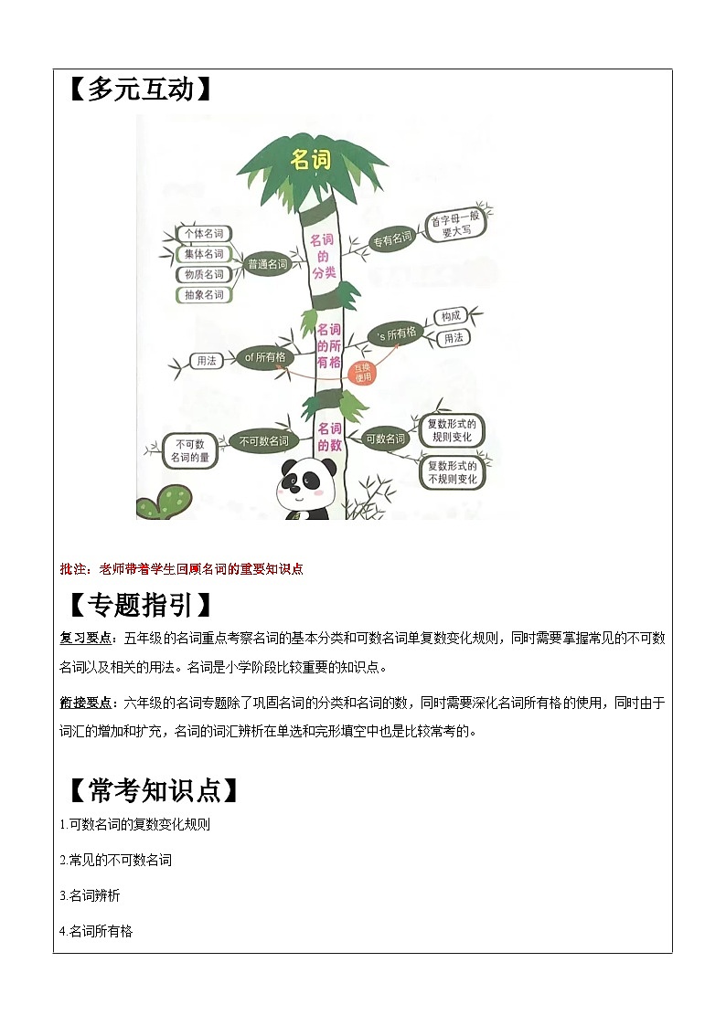 暑假讲义2023年小学英语五升六专项复习-第6讲-名词专项 人教PEP版（教师版）第2页