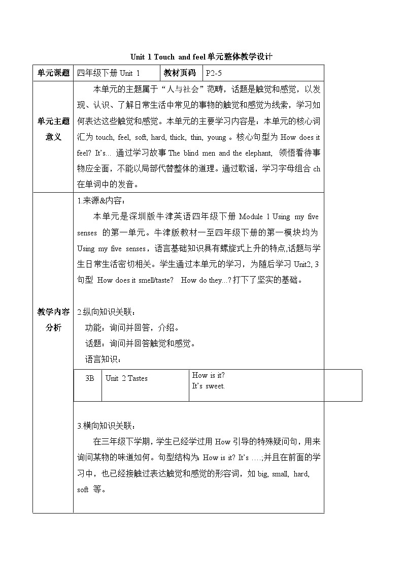 沪教牛津版(六三制一起)四下 Module 1 Unit 1《Touch and feel》Period 1 单元教案第1页