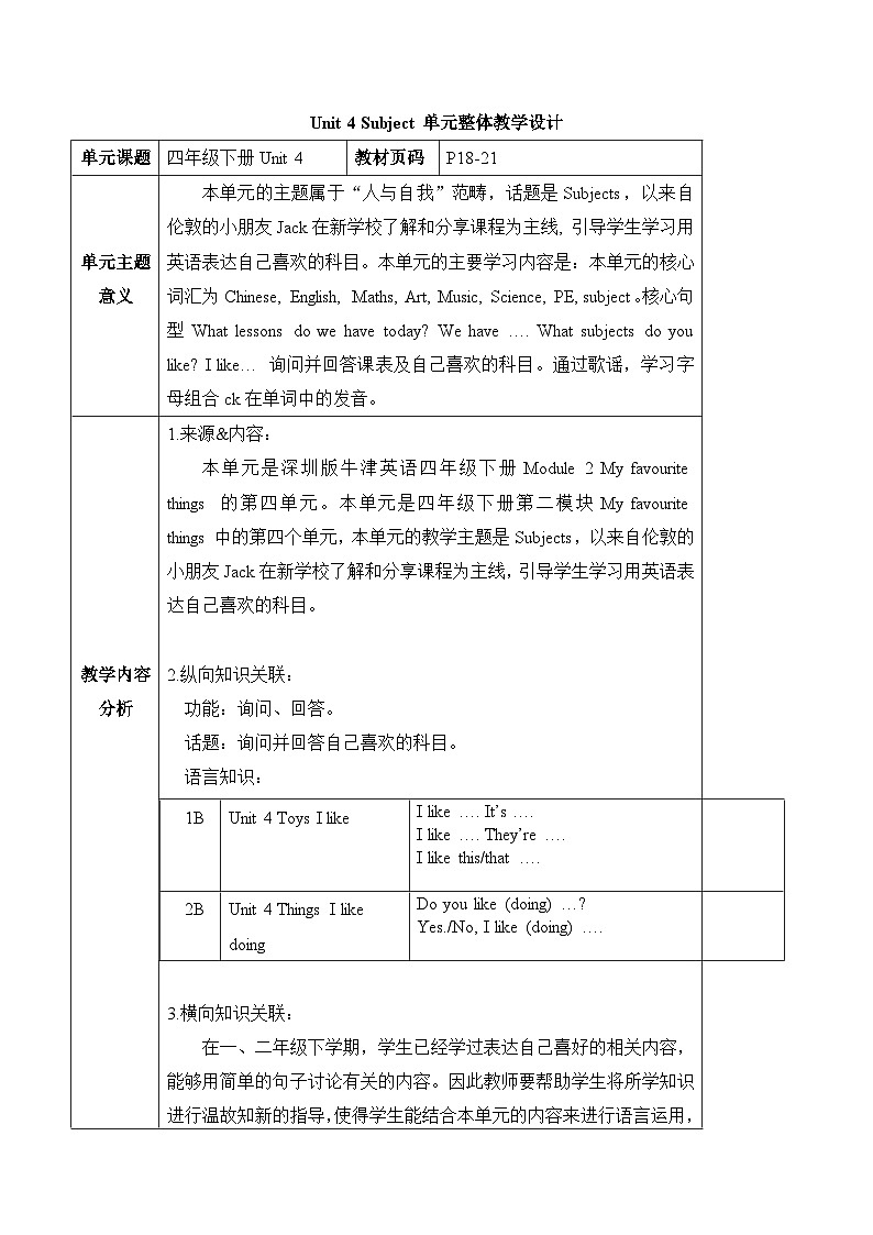 沪教牛津版(六三制一起)四下 Module 2 Unit 4《Subjects》Period 1 单元教案第1页