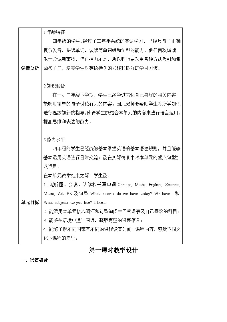 沪教牛津版(六三制一起)四下 Module 2 Unit 4《Subjects》Period 1 单元教案第3页