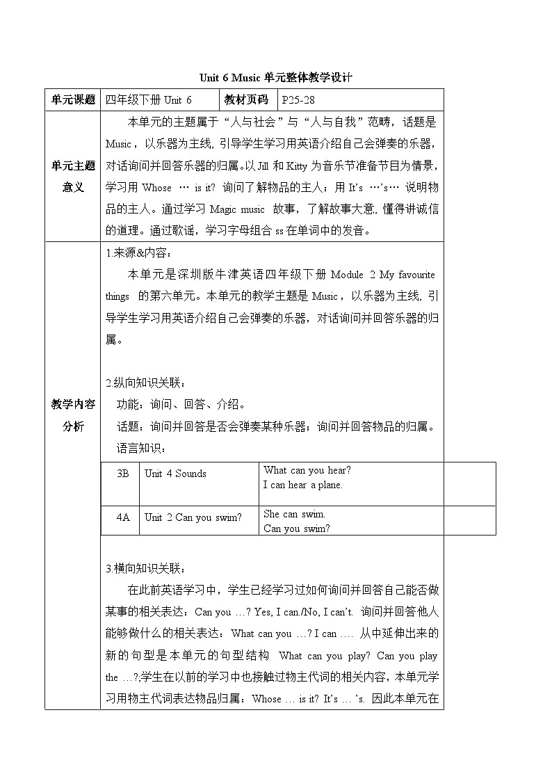 沪教牛津版(六三制一起)四下 Module 2 Unit 6《Music》Period 1 单元教案第1页