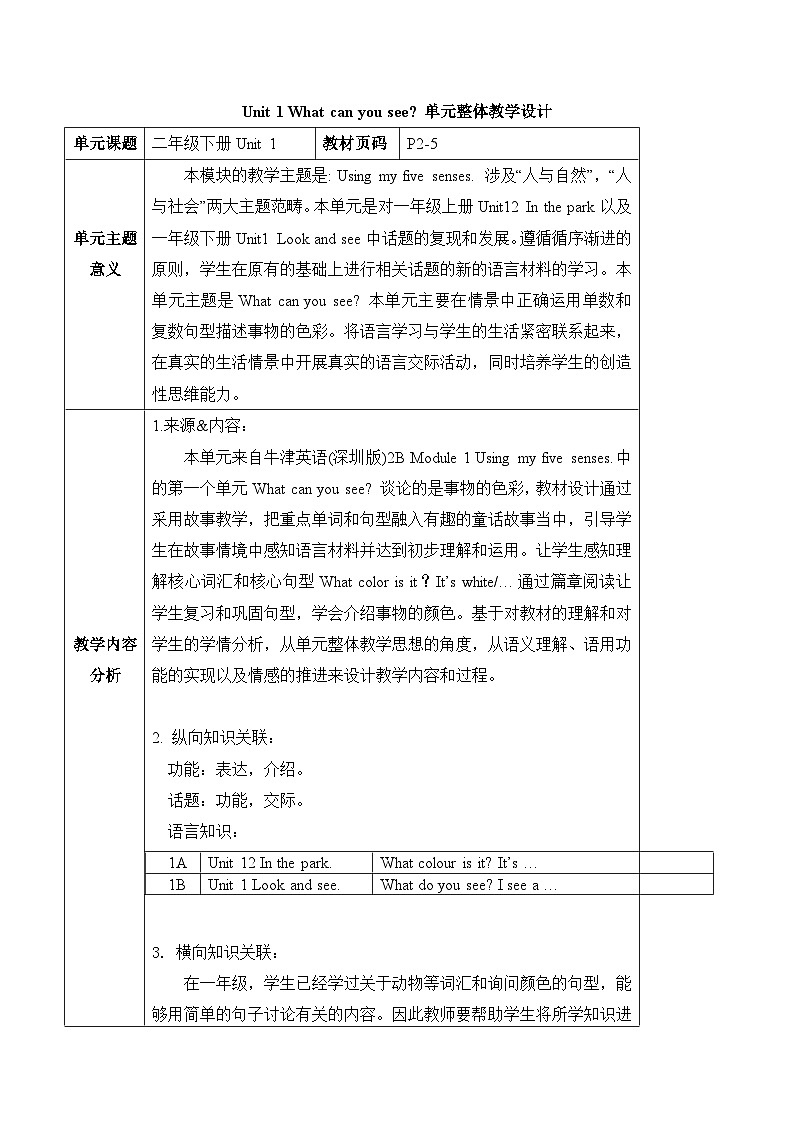 沪教牛津版(六三制一起)二下 Module 1 Unit 1《What can you see》Period 3 单元教案第1页