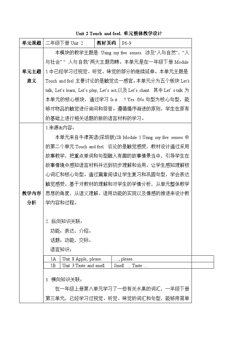 沪教牛津版(六三制一起)二下 Module 1 Unit 2《Touch and feel》Period 2 单元教案第1页
