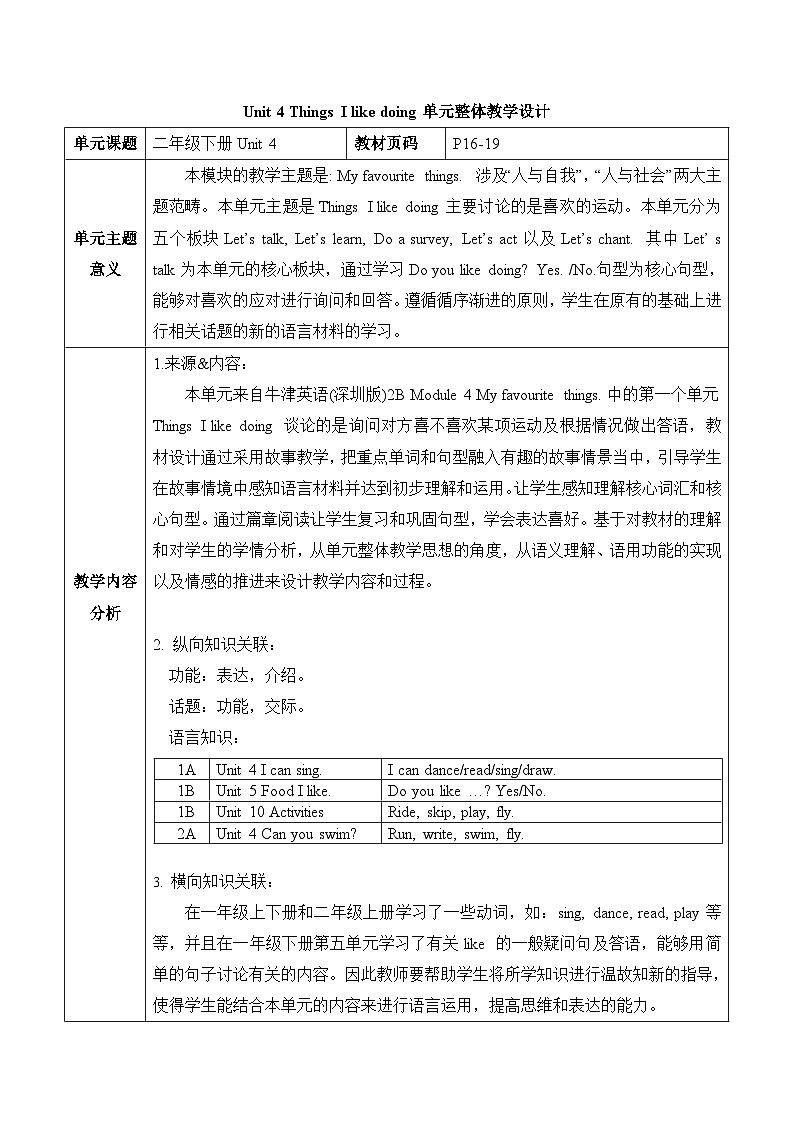 课沪教牛津版(六三制一起)二下 Module 2 Unit 4《Things I like doing》Period 3 单元教案第1页