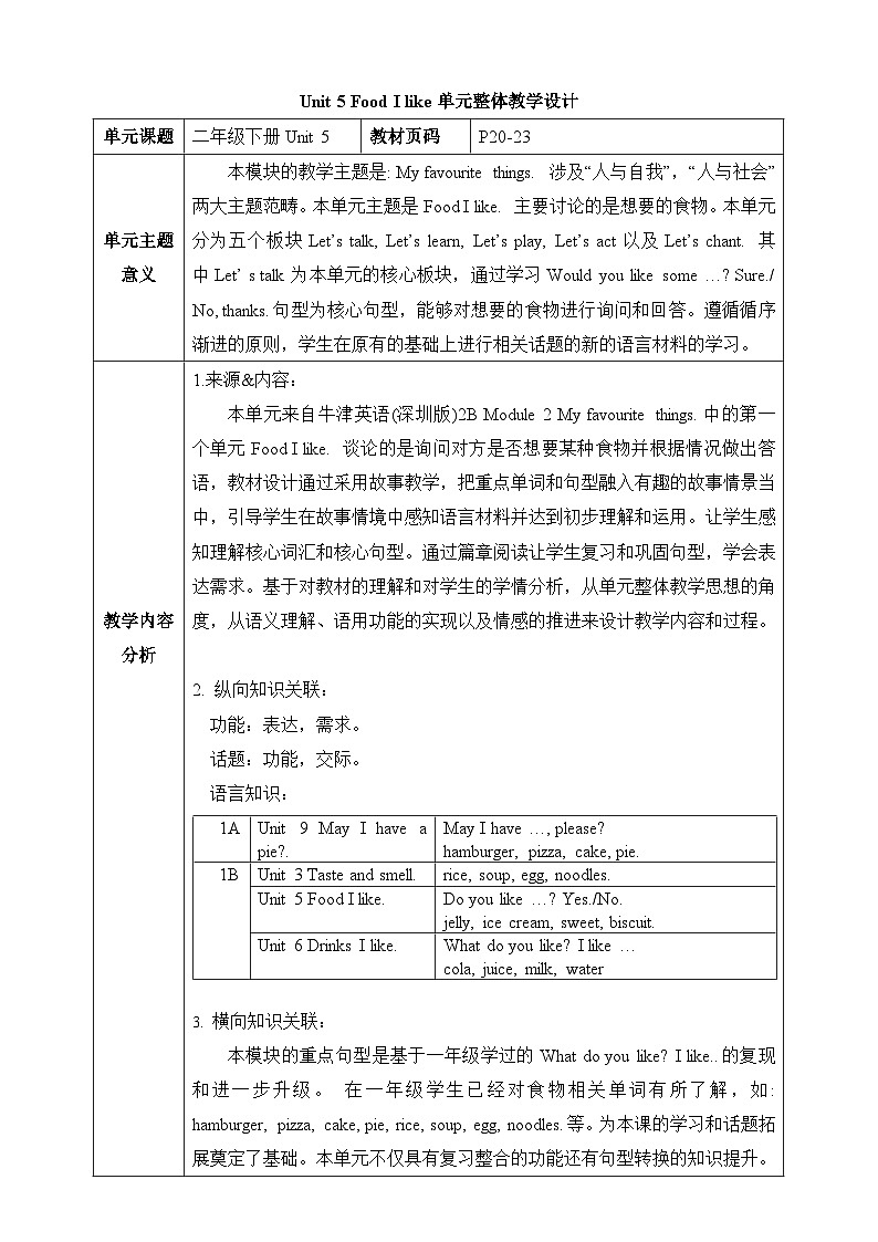 课沪教牛津版(六三制一起)二下 Module 2 Unit 5《Food I like》Period 2 单元教案第1页