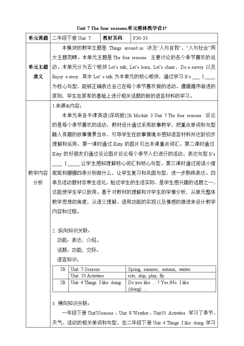 沪教牛津版(六三制一起)二下 Module 3 Unit 7《The four seasons》Period 1 单元教案第1页