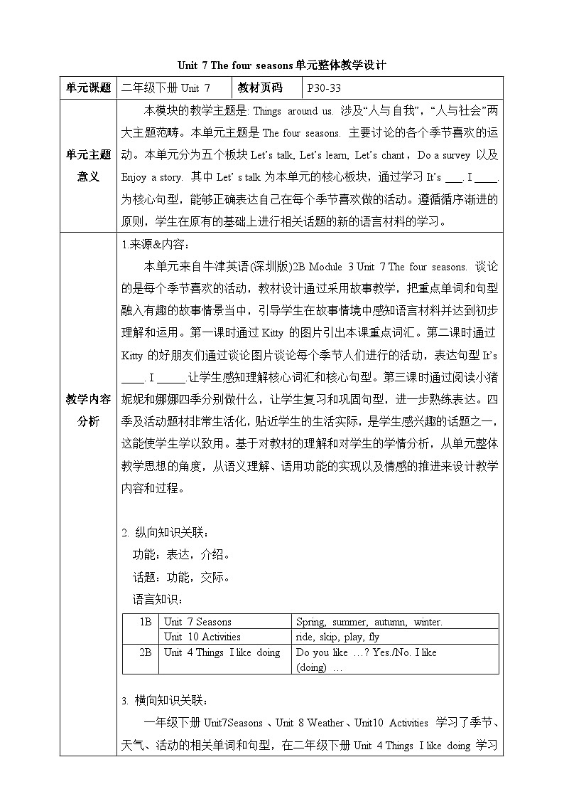 沪教牛津版(六三制一起)二下 Module 3 Unit 7《The four seasons》Period 2 单元教案第1页