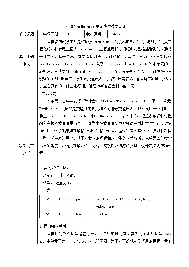 沪教牛津版(六三制一起)二下 Module 3 Unit 8《Traffic rules》Period 1 单元教案第1页