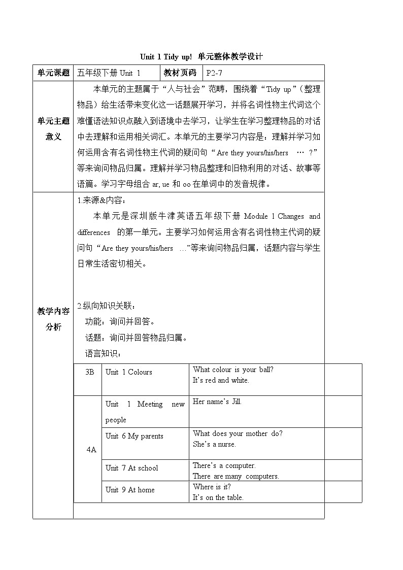 沪教牛津版(六三制一起)五下 Module 1 Unit 1《Tidy up!》Period 2 单元教案第1页