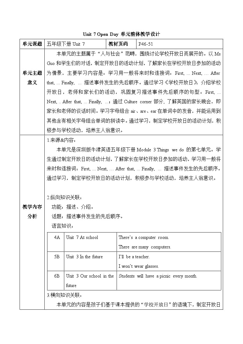 沪教牛津版(六三制一起)五下 Module 3 Unit 7《Open day》Period 1 单元教案第1页