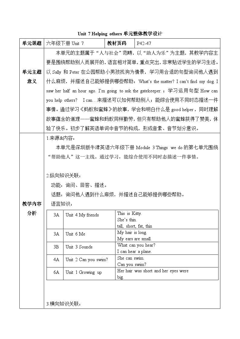 沪教牛津版(六三制一起)一下 Module 3 Unit 7《Helping others 》Period 2 单元教案第1页