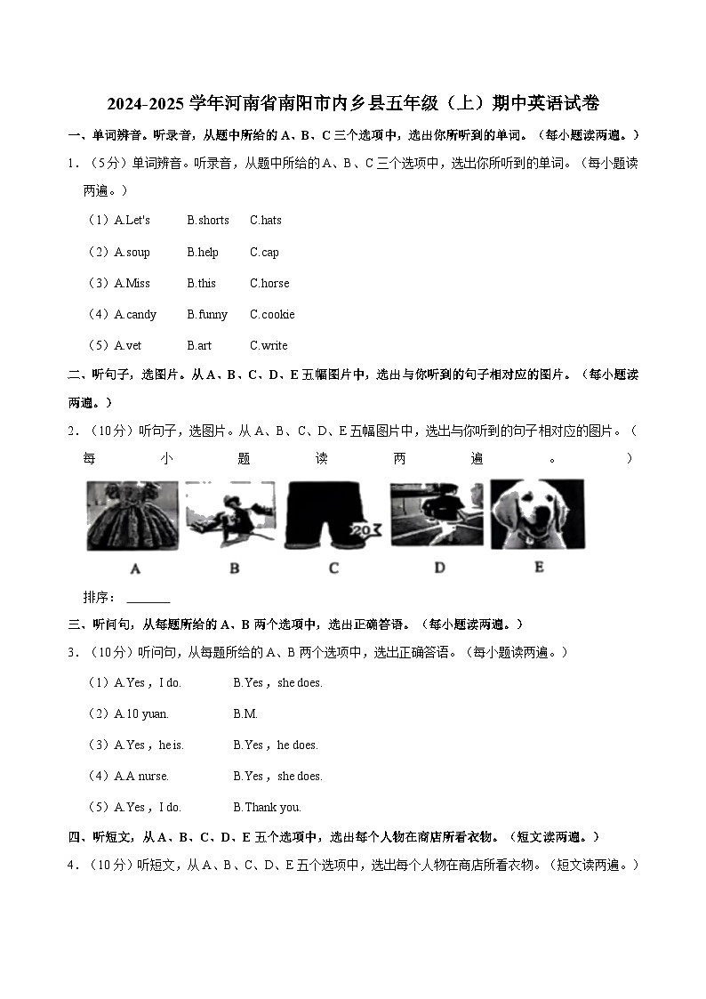 河南省南阳市内乡县2024-2025学年五年级上学期期中英语试卷第1页