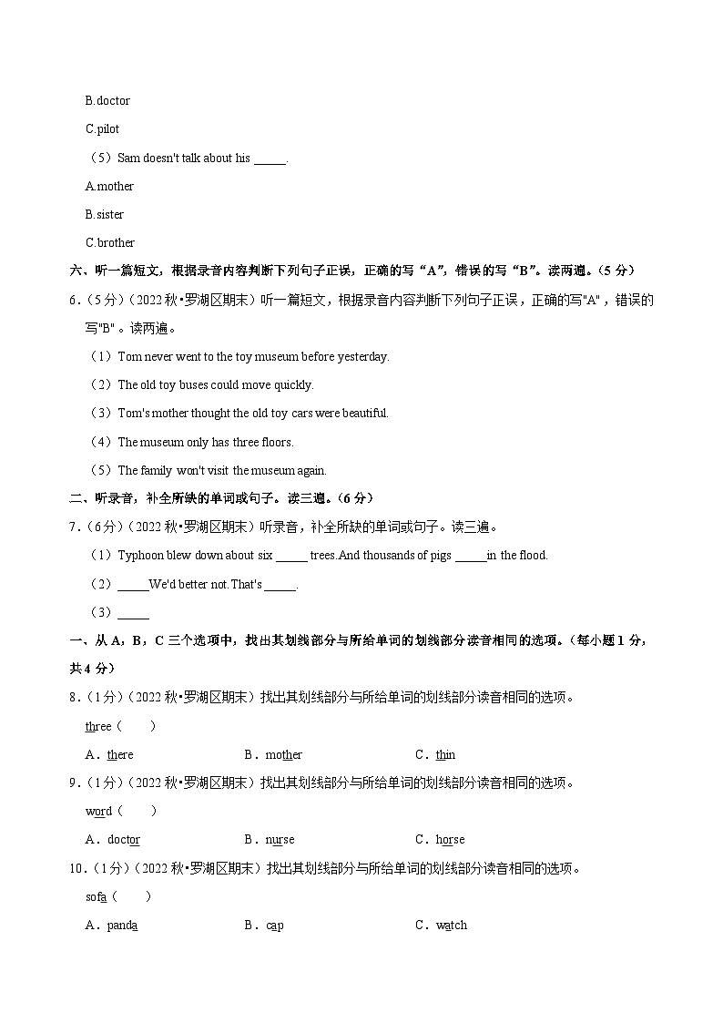 2022-2023学年广东省深圳市罗湖区六年级上学期期末英语试卷第3页