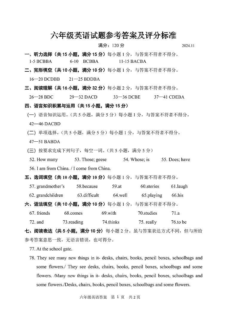 六年级 英语试题答案202411第1页