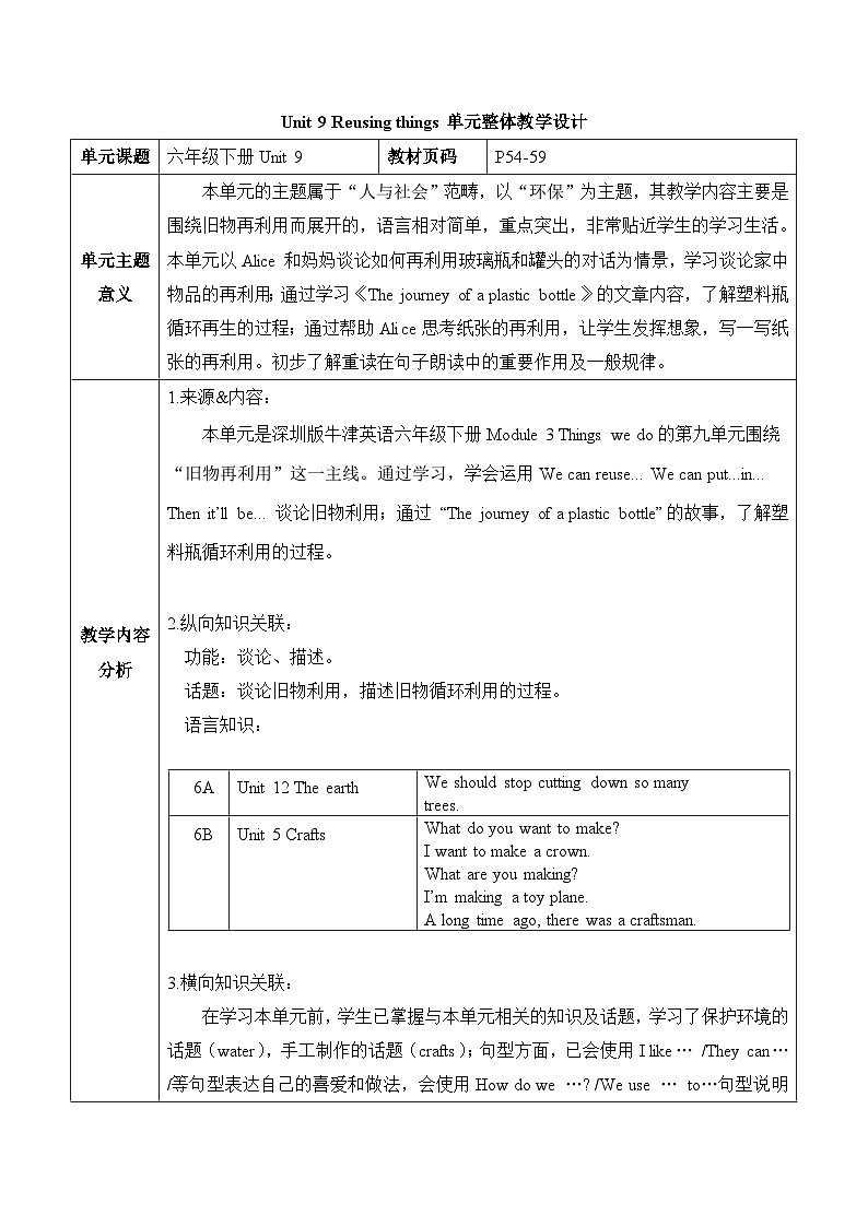 沪教牛津版(六三制一起)六下 Module 3 Unit 9《Reusing things》Period 2 单元教案第1页