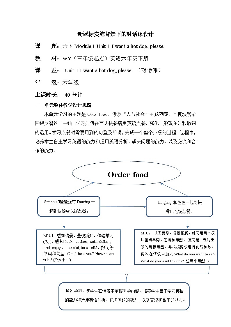 外研版（三起）英语六下 Module 1 Unit 1《I want a hot dog, please》单元教案第1页