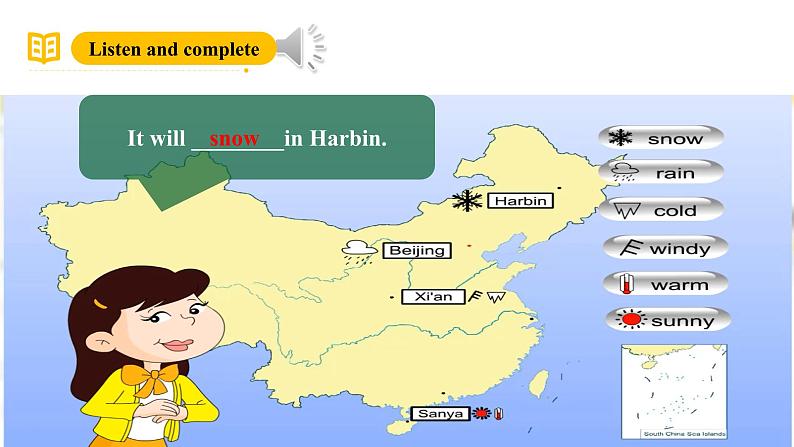 外研版（三起）英语六下 Module 2 Unit 2《 It will snow in Harbin》课件第6页