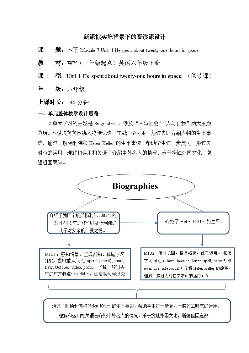 外研版（三起）英语六下 Module 7 Unit 1《He spent about twenty-one hours in space 》单元教案第1页