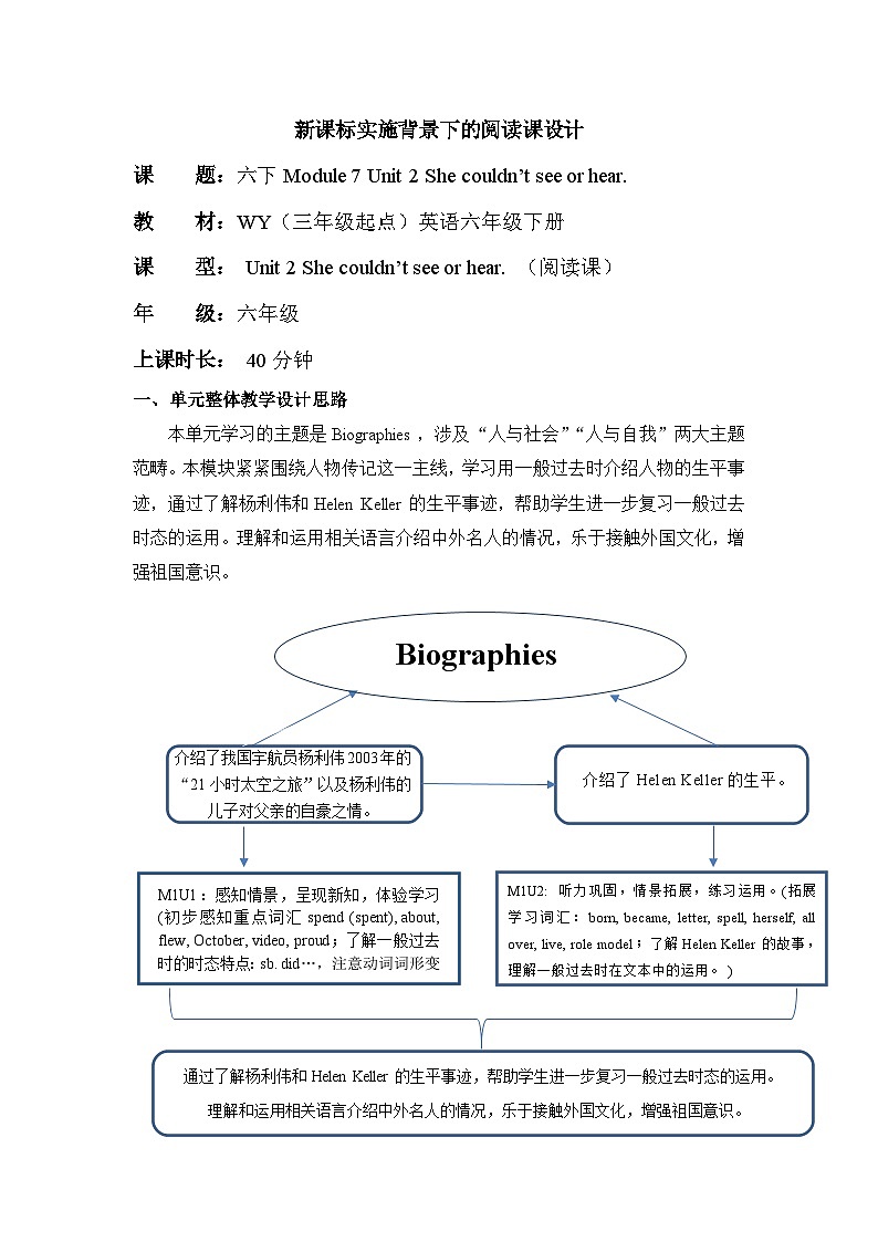 外研版（三起）英语六下 Module 7 Unit 2《She couldn't see or hear》单元教案第1页
