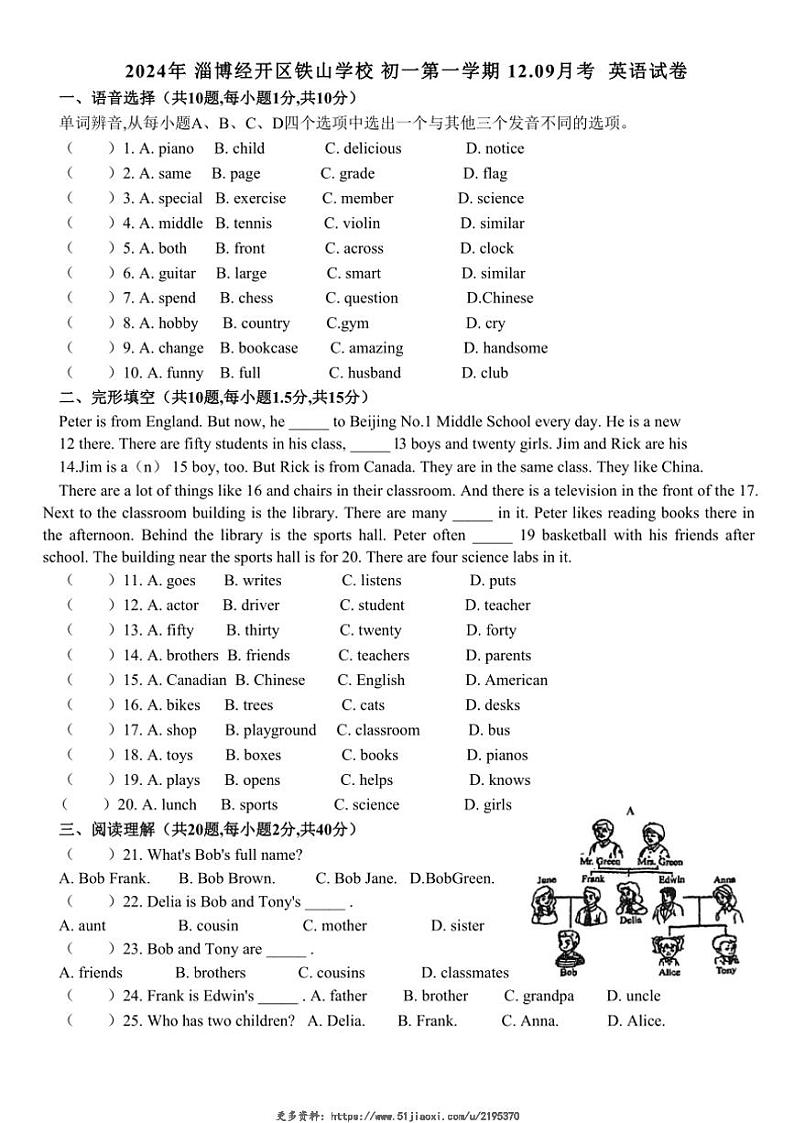 2024～2025学年山东省淄博市张店区铁山学校(五四学制)六年级(上)12月月考英语试卷(无答案)第1页