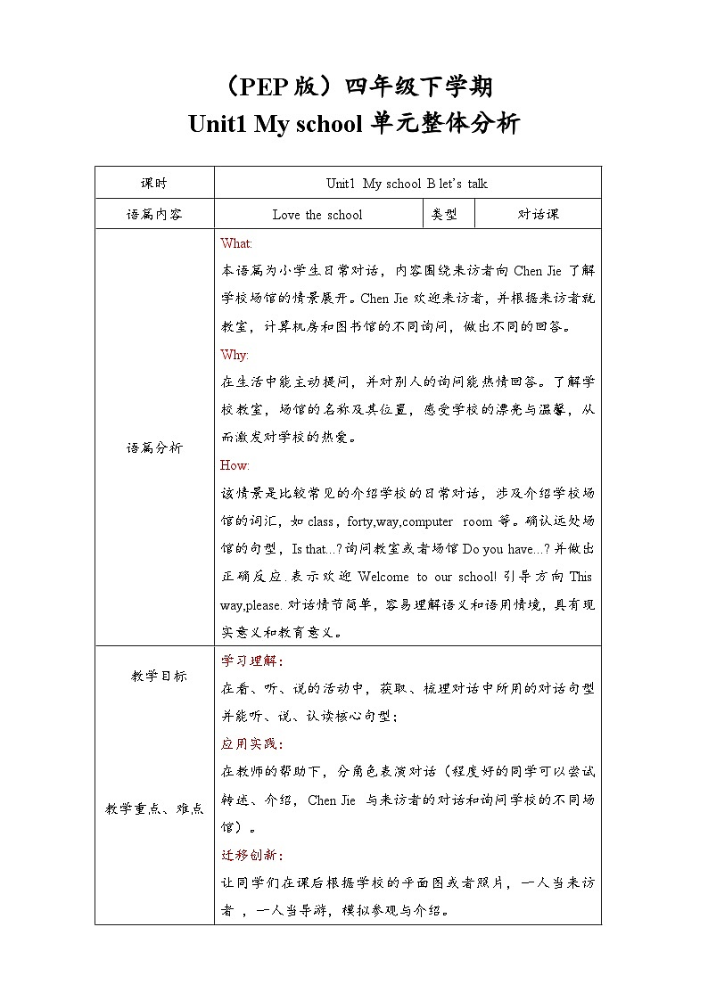 人教PEP英语四下 Unit1 My school B let's talk 单元教案第1页