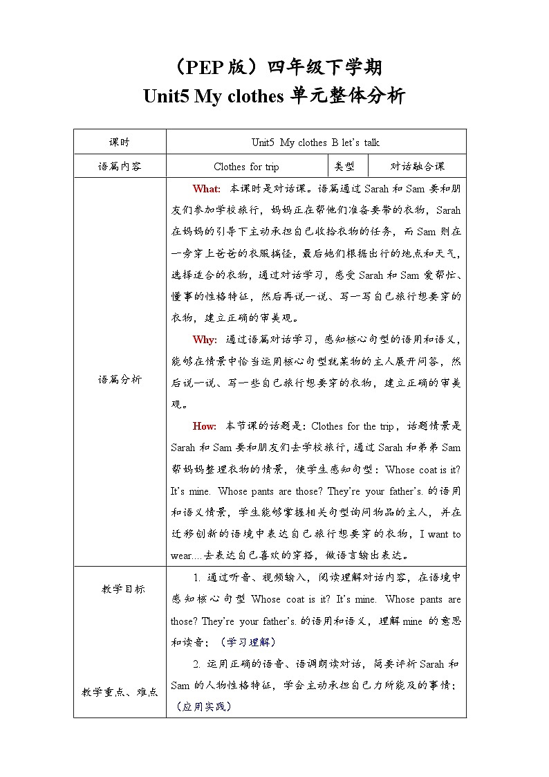 人教PEP英语四下 Unit5 My clothes B let's talk 单元教案第1页