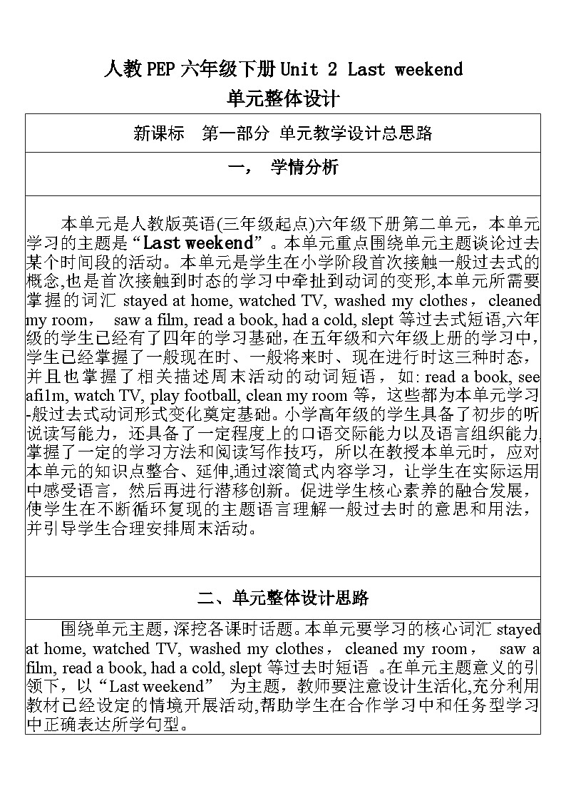 人教PEP英语六下 Unit 2《Last weekend PartB Read and write》单元教案第1页