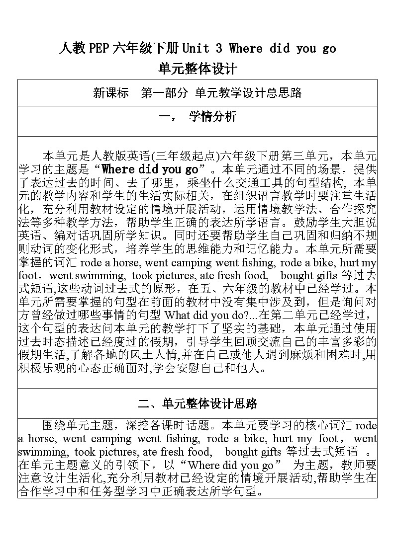 人教PEP英语六下 Unit 3《Where did you go PartB Let's talk》单元教案第1页