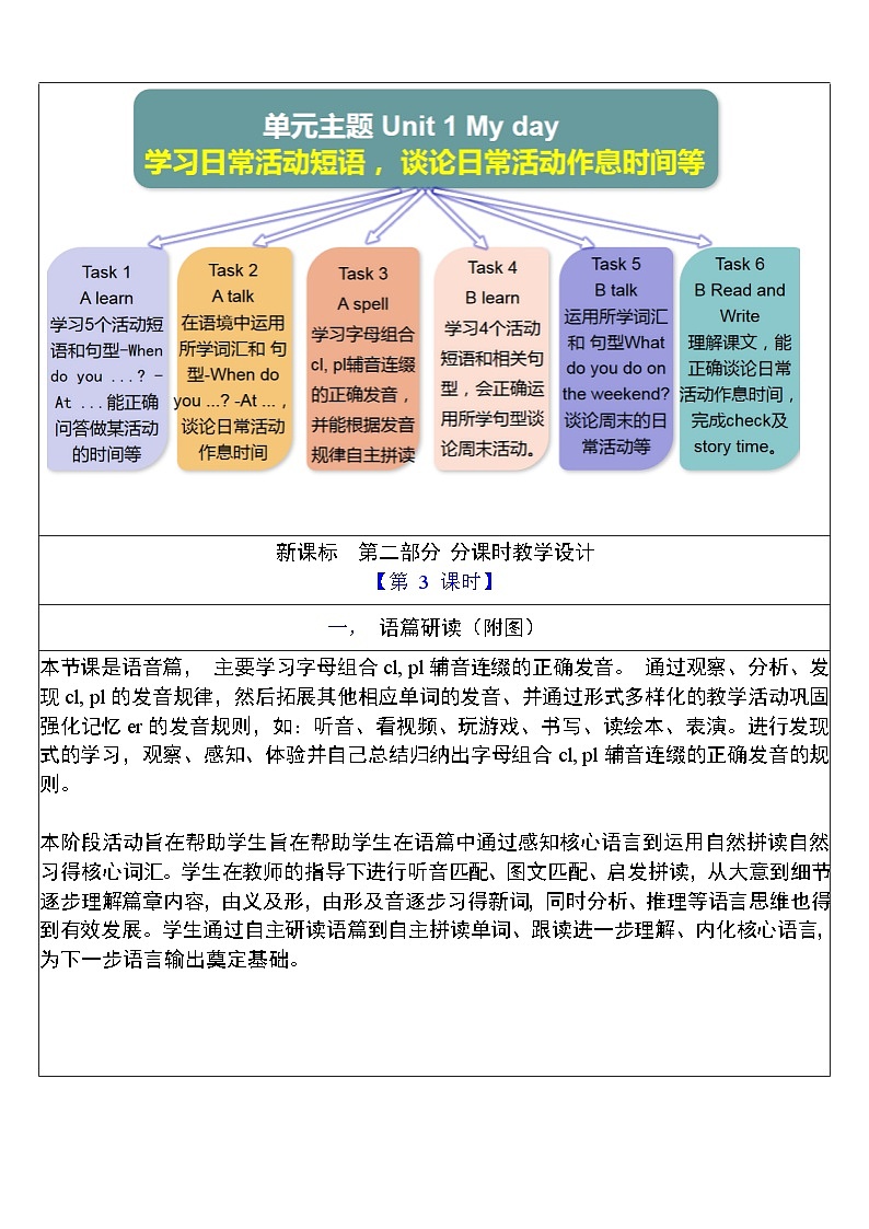 【单元整体教学设计】Unit 1 My day PA Let's spell 教案第3页