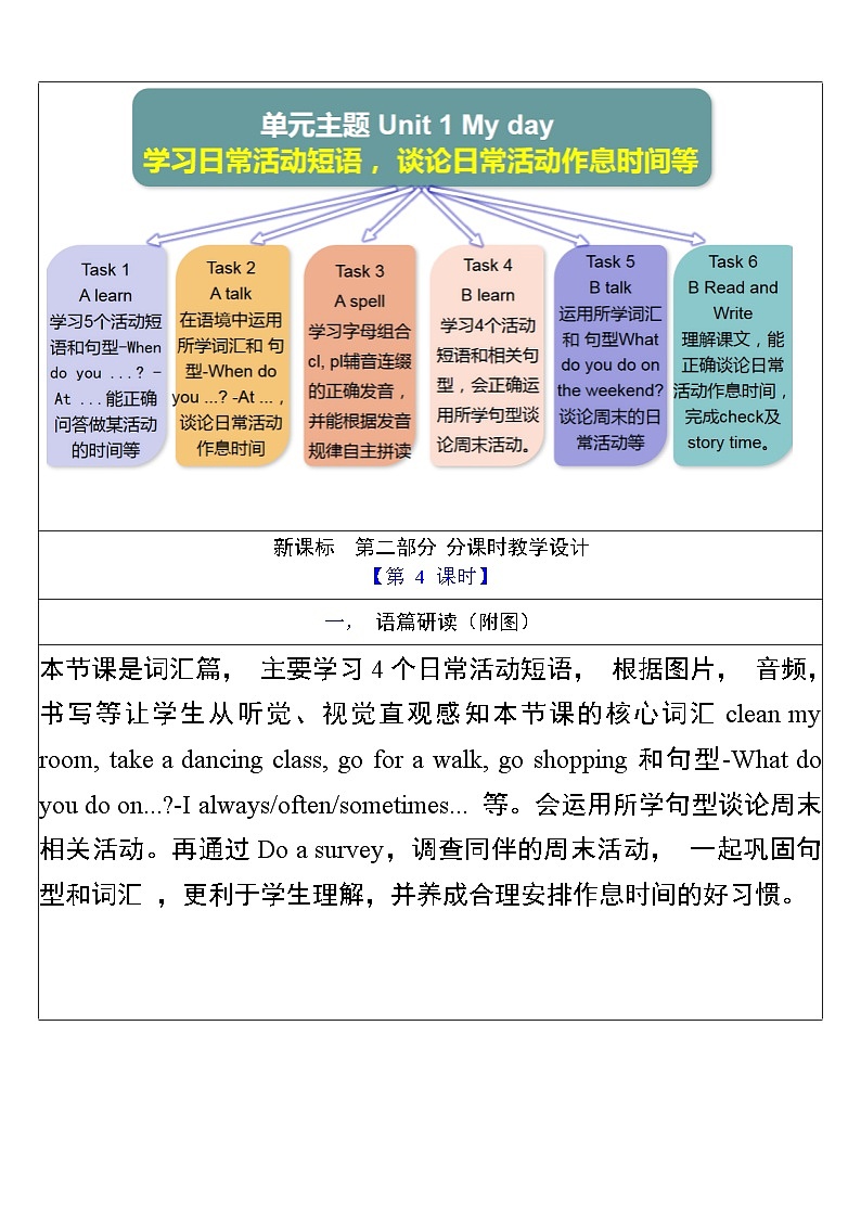 【单元整体教学设计】Unit 1 My day PB Let's learn 教案第3页