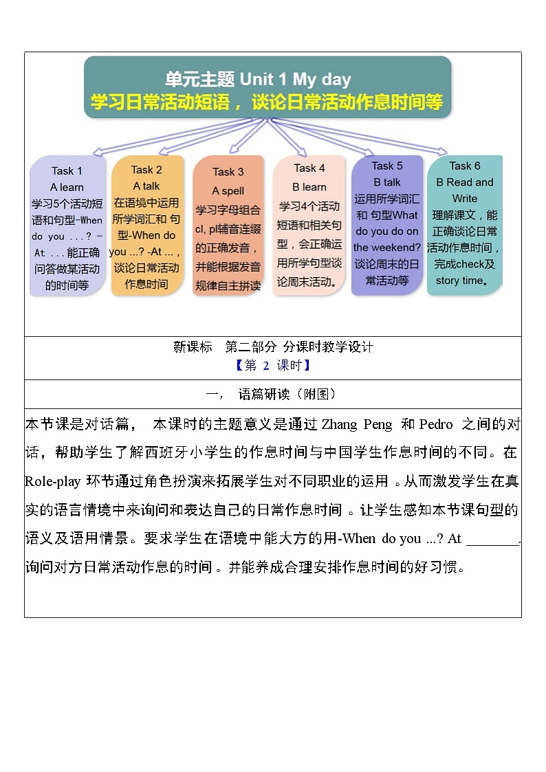 【单元整体教学设计】Unit 1 My day PA Let's talk 教案第3页