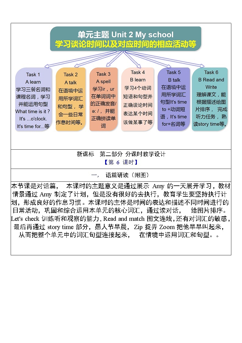 【单元整体教学设计】Unit 2 What time is it PB Read and write & PC Story time 教案第3页