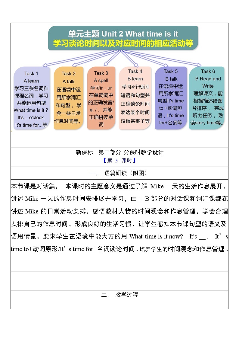 【单元整体教学设计】Unit 2 What time is it PB Let's talk 教案第3页