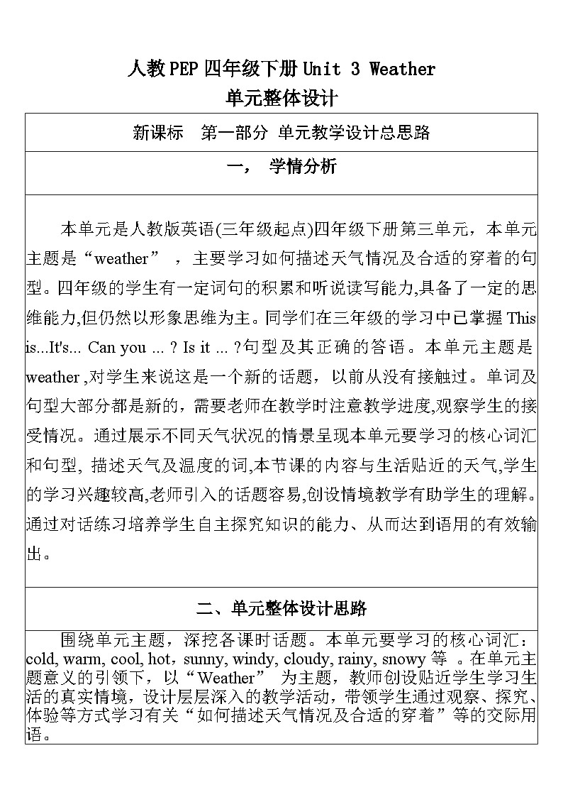 【单元整体教学设计】Unit 3 Weather PA Let's spell 教案第1页