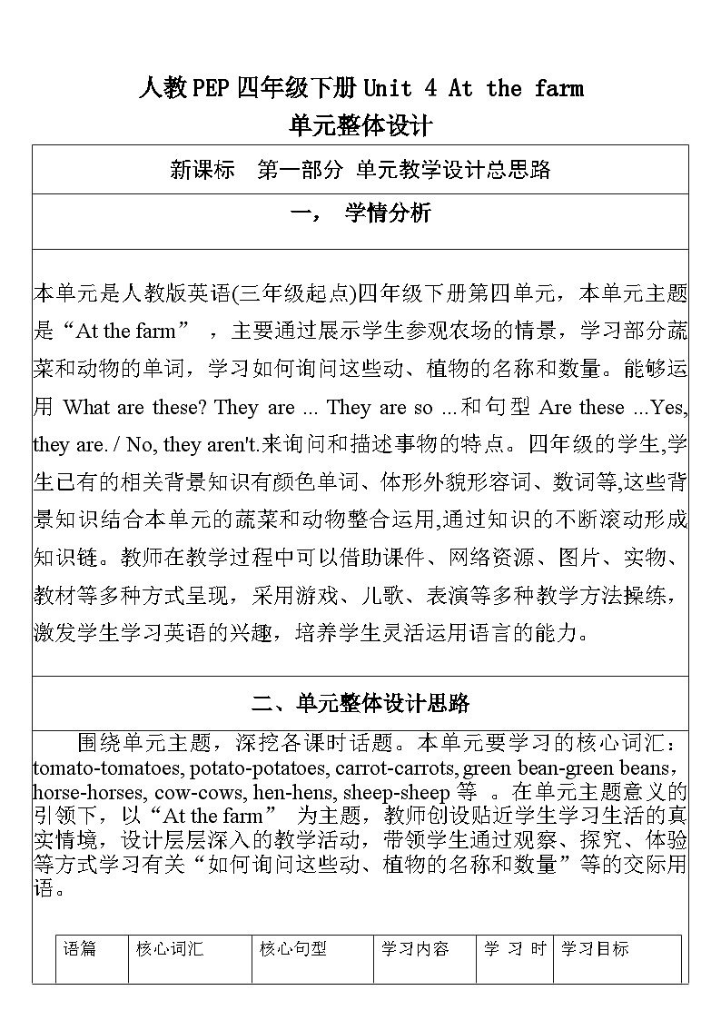 【单元整体教学设计】Unit 4 At the farm PA Let's learn 教案第1页