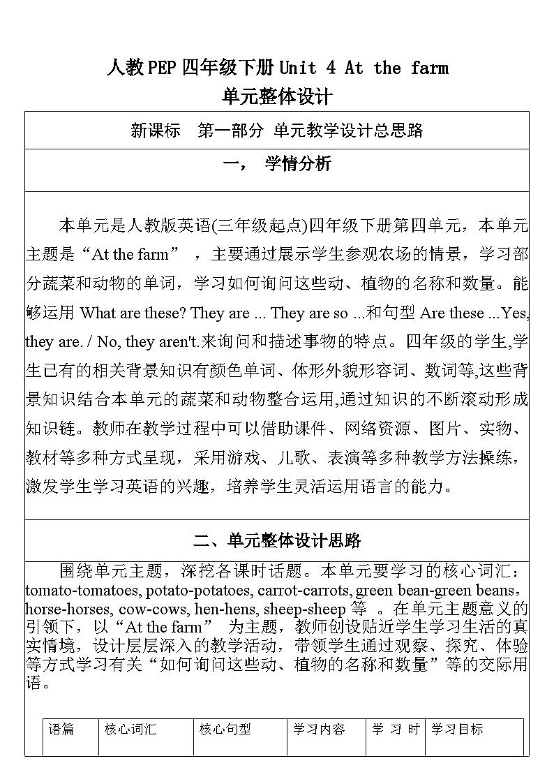 【单元整体教学设计】Unit 4 At the farm PB Read and write & PC Story time 教案第1页