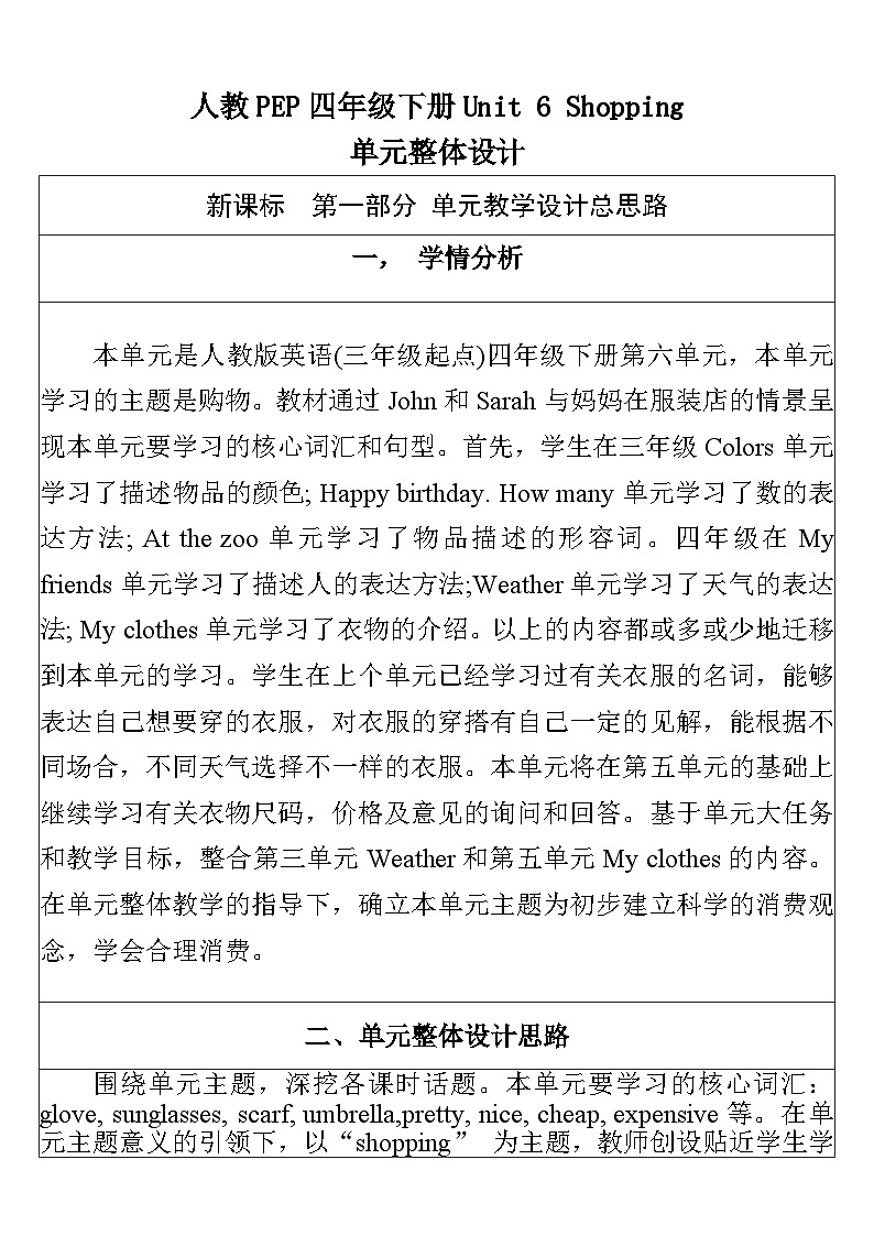 【单元整体教学设计】Unit 6 Shopping PA Let's talk 教案第1页