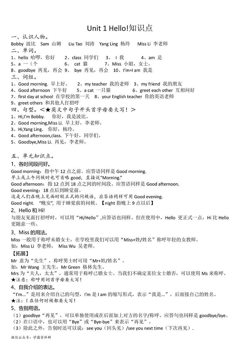 译林版小学英语3上 Unit1 知识清单（素材）第1页