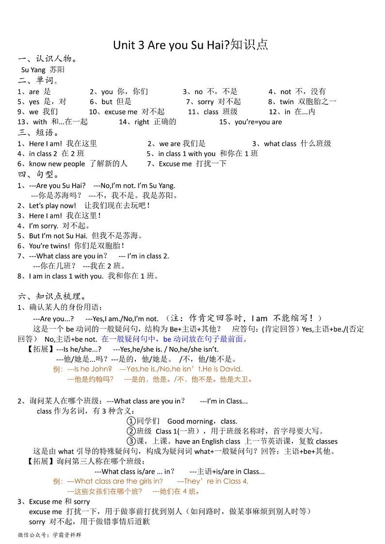 译林版小学英语3上 Unit3 知识清单（素材）第1页