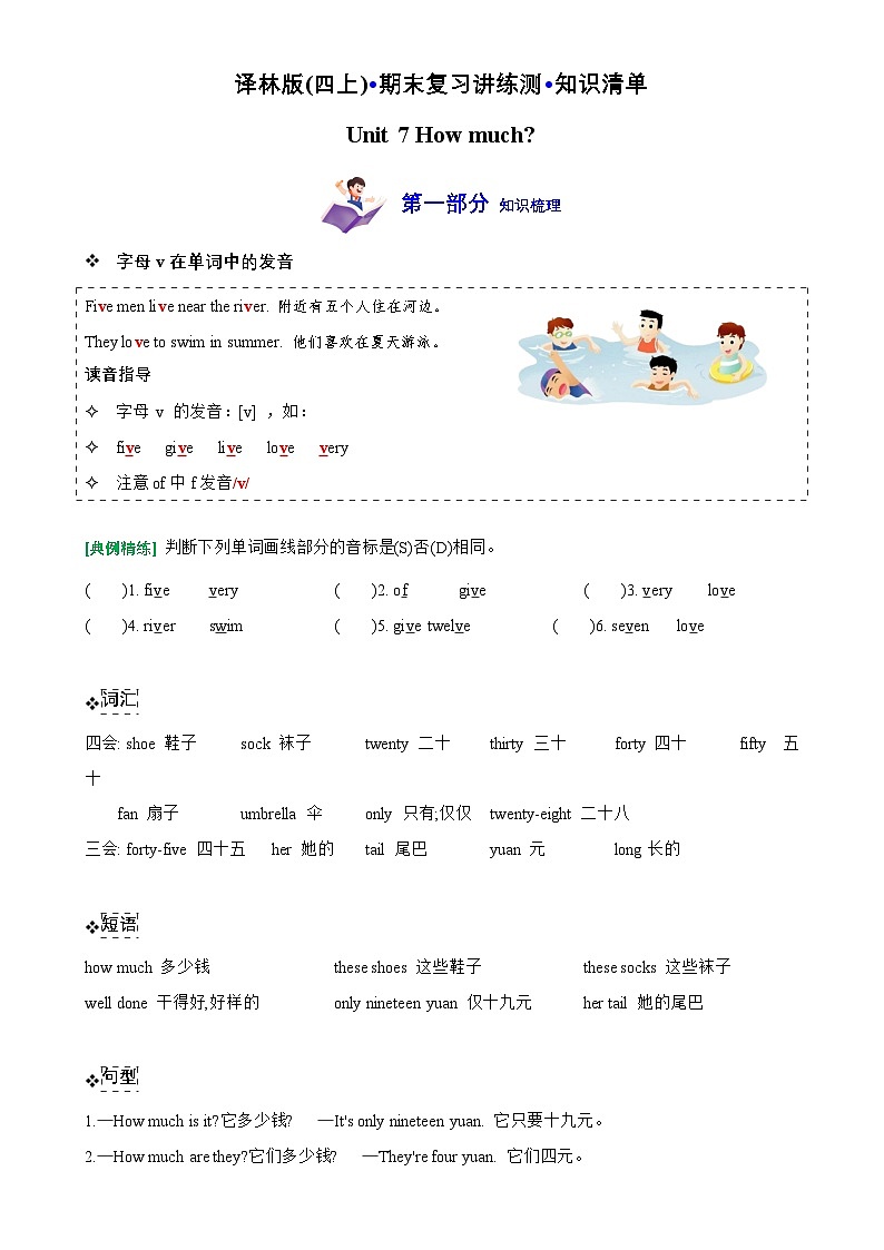 Unit 7 How much (知识清单)--2024-2025学年四年级英语上学期期末复习讲练测 (译林版三起)-A4第1页